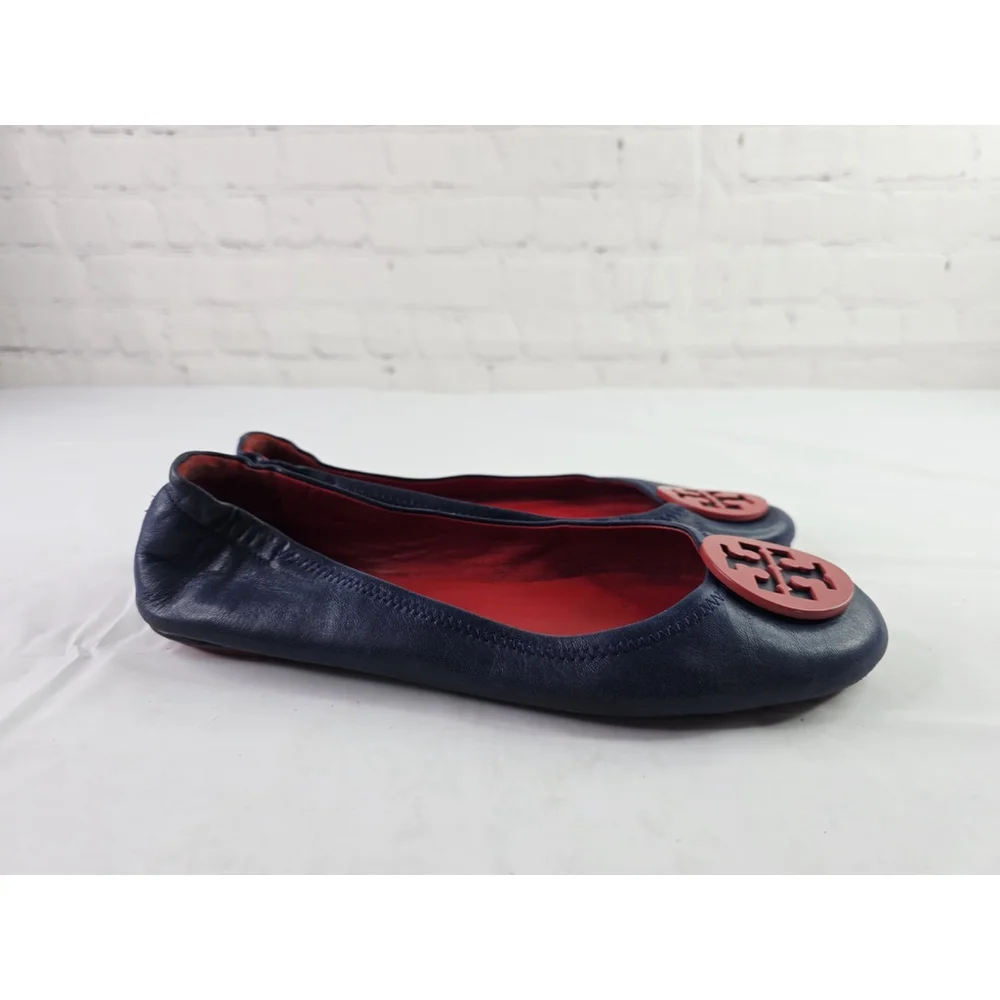 Tory Burch Minnie Travel Ballet Flats Navy Napa leather/ Nantucket Red Size 9.5 - Picture 2 of 7